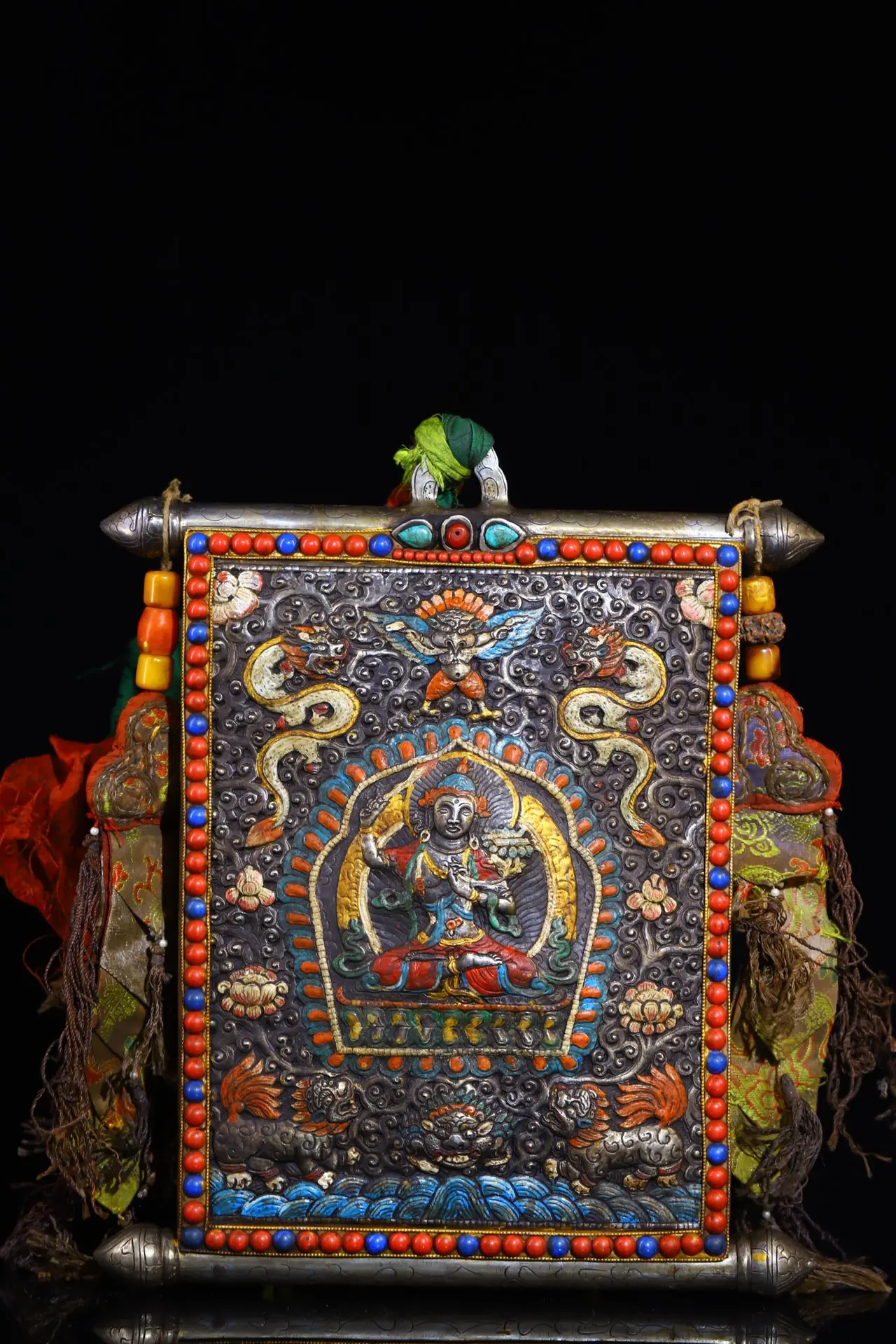 

12"Tibetan Temple CollectionOld Tiantie Mosaic Gem Painted Manjusri Bodhisattva Thangka hanging panel Amulet Dharma Worship Hall