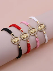 Handwoven Adjustable Rope Chain Classic Versatile Religious Oval White Zircon Virgin Mary Plated Gold Copper Bracelet Jewelry