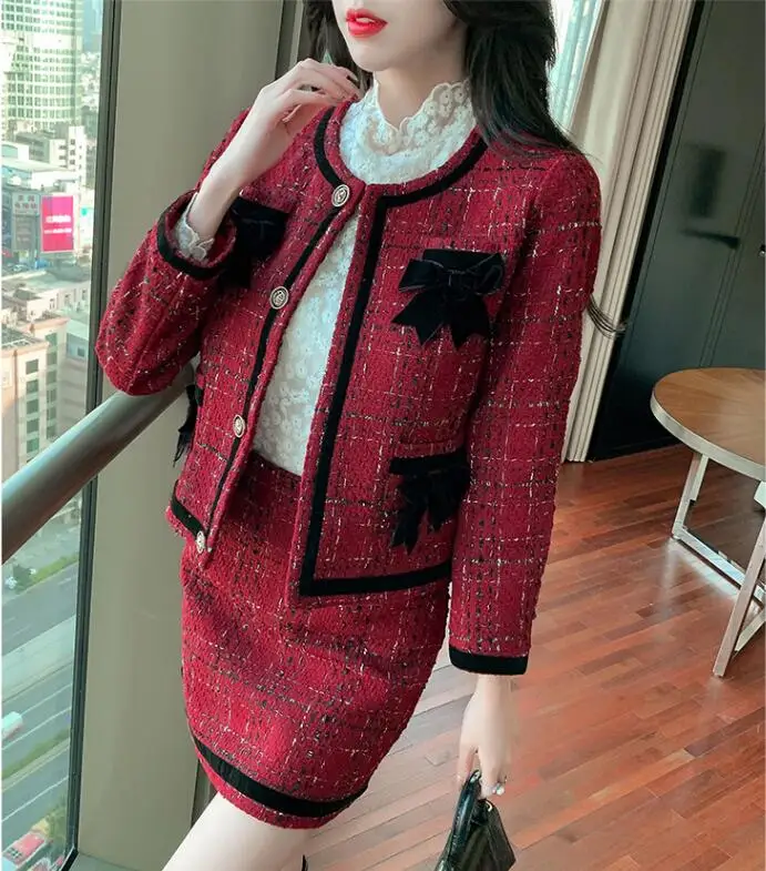 Autumn Spring 2piece Set Elegant Women O Neck Long Sleeve Black Red Tweed Jacket Top High Waist Mini Skirt Two Piece Outfits XXL