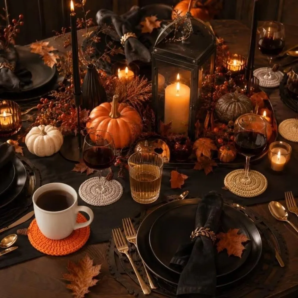 Cute Halloween Pumpkin Coasters Handmade Heat-resistant Knit Cup Mats Crochet Coffee Mugs Mats Fall Table Decor