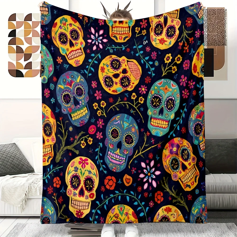 1pc Mexican Day of the Dead Blanket Soft Flannel Throw with Vibrant Sugar Skulls Marigold Flowers Calaveras All-Season