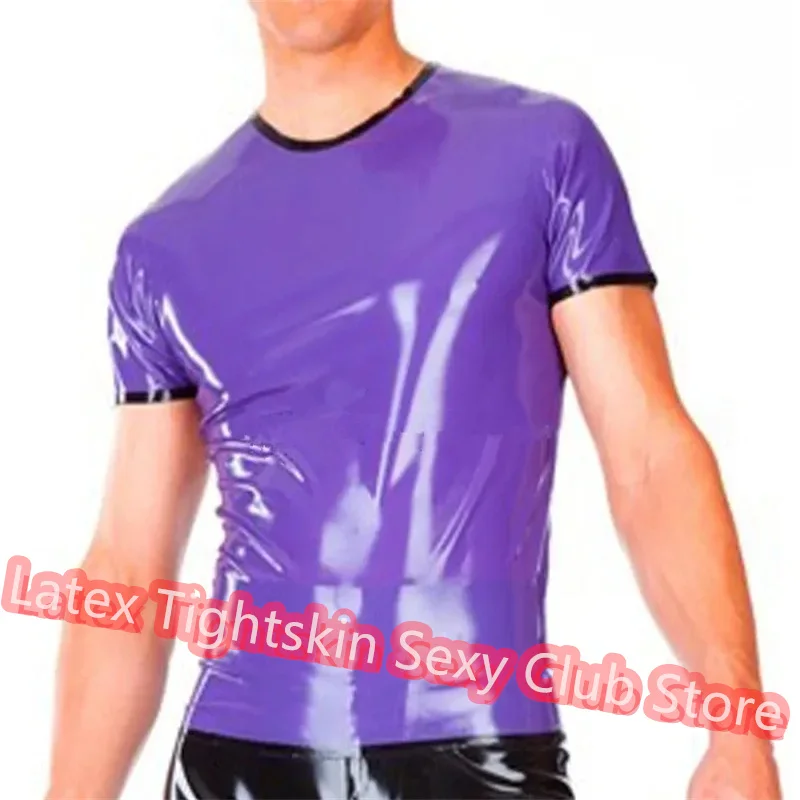 

Handmade Latex Men Sleeveless Shirt Man Sexy Tops Rubber Tank Vest Purple with Black Trim Cosplay Costume