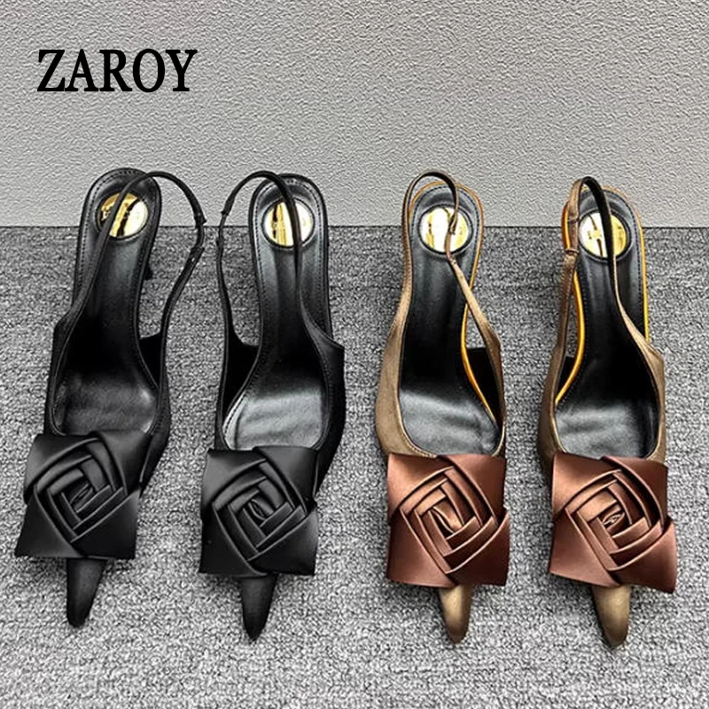 

Designer Luxury Sexy Satin High Heels Sandals Women Pointed Toe Thin Strap Street Style Flower Decor Evening Dress Shoes Zapatos
