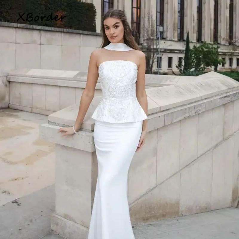 Customized Prom Dress White Fishtail Beaded Tube Top Dress Woman Elegant Formal Birthday Dress for Wedding Party Robe De Soirée