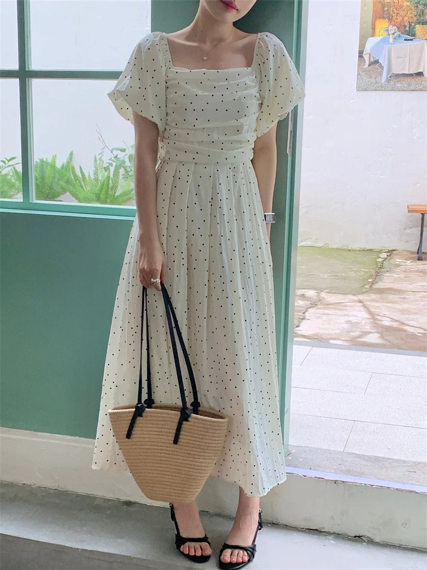 Alien Kitty 2024 Summer New Polka Dots Maxi Dress Women Daily 2024 Sweet Short Puff Sleeve Chic Office Lady Gentle Vacation