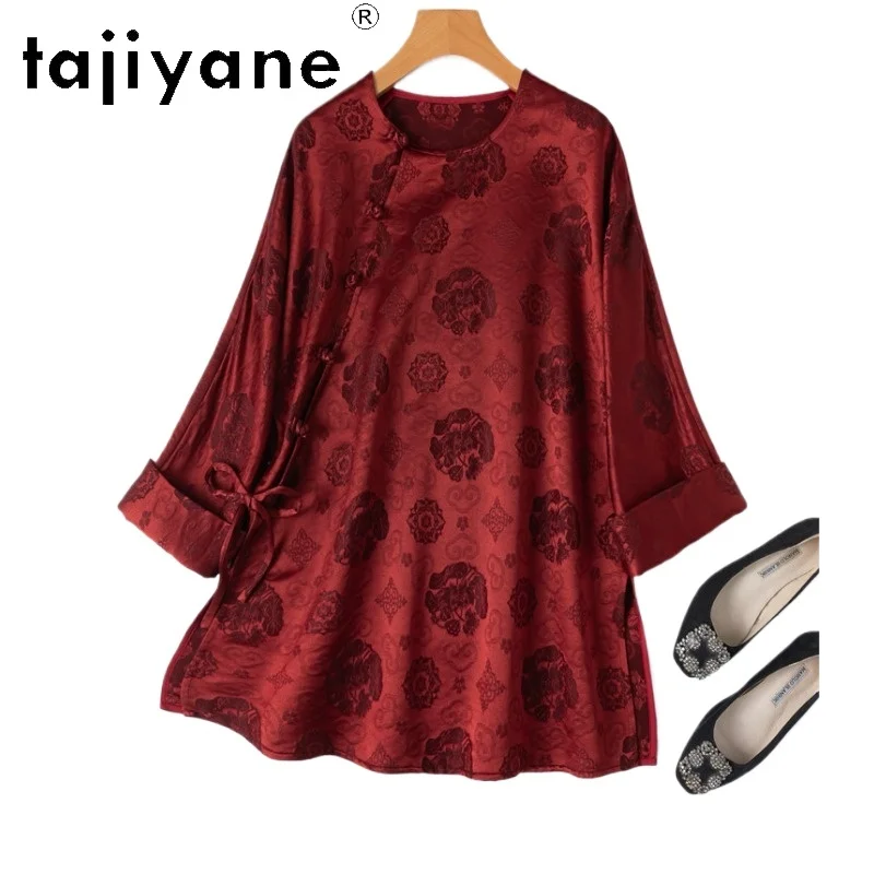 

TAJIYANE 25% Mulberry Silk 75% Wool Blouse for Woman Red Jacquard Shirt Chinese Style Loose Tops 2026 Spring Women Clothes زارا
