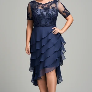 Flycurvy Plus Size Blue Marine Hochzeit Gast Chiffon -Spitze in Schichten 10 Hauptverkaufskleid plus Größe Marine Blau - №1
