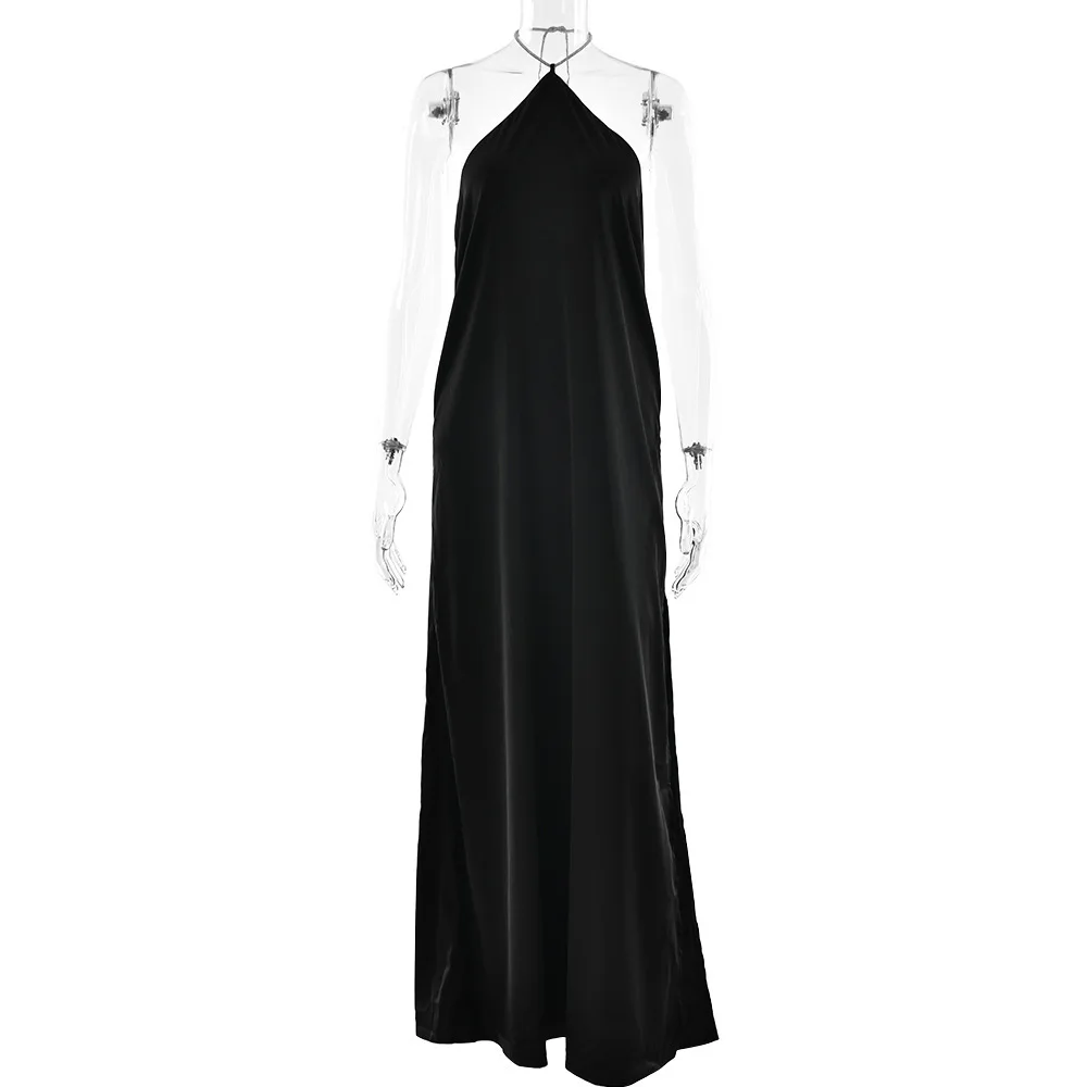 Neues High-End-Satin-Neckholder-Kleid, sexy, rückenfrei, einfarbig, geteilt, schmale Passform, langes Kleid, 2025, Sommerkleid, Robe, Vestido für Frauen