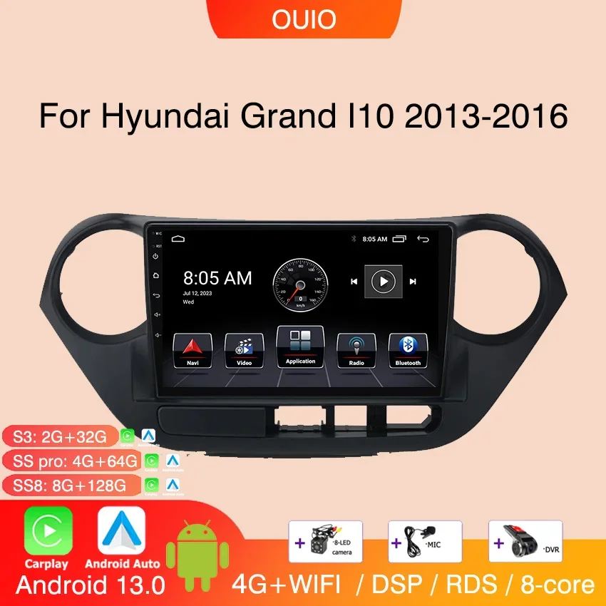 

8 ГБ + 128 ГБ Carplay Радио для Hyundai Grand I10 2013-2016 Автомобильный стерео мультимедийный плеер Android Авто GPS-навигация 2DIN DSP EQ