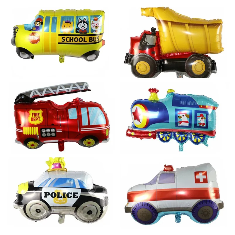 

6pcs Train, police, fire trucks, ambulances, school buses, aluminum foil balloons, baby showers, birthday party decorations