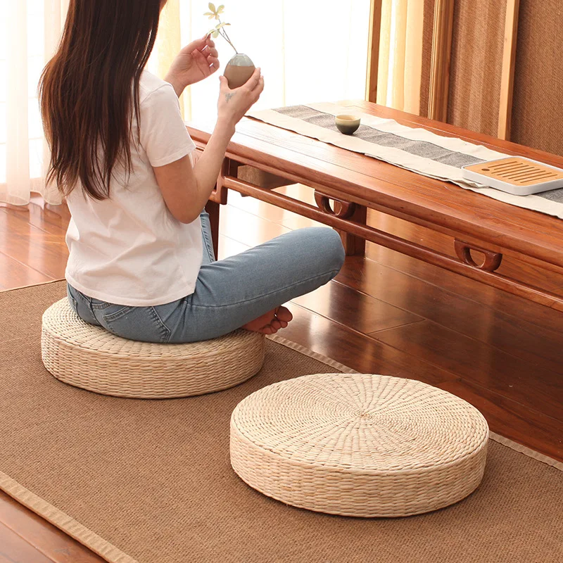 1pc Japanese Style Round Tatami Cushion Yoga Meditation Floor Cushions Handmade Pillow Floor Natural Straw Cushion Decor Mat Sit