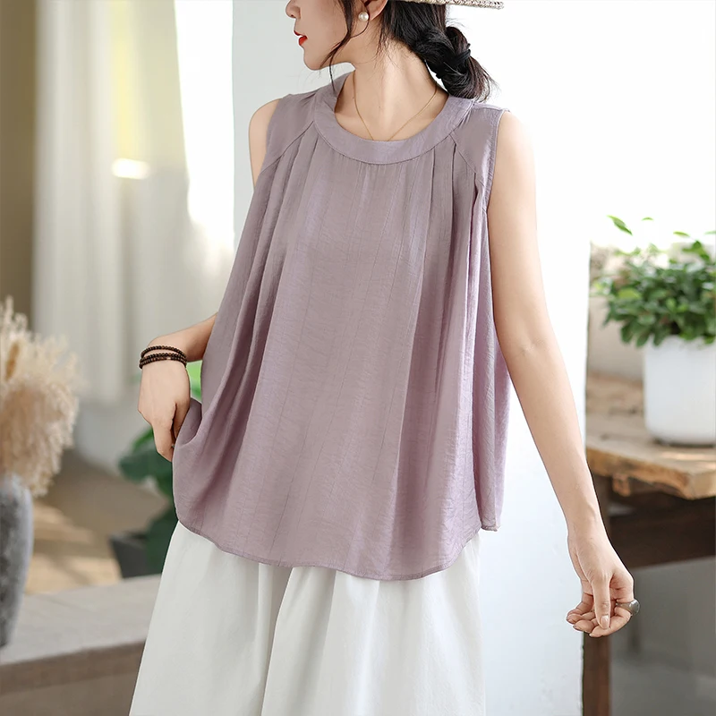 New Summer Textured Linen Loose Vest Cotton Linen Women's Faion Pleated Svel Top T-irt Small irt Original Design