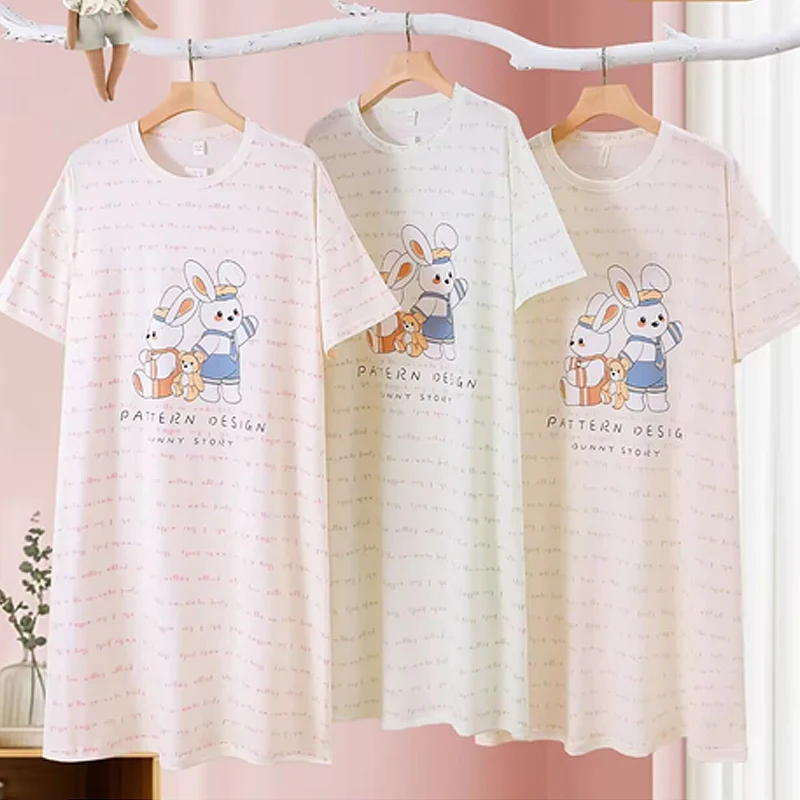 فستان من نسيج القطن بيجامة صيفية لطيفة النسخة الكورية فستان نوم بأكمام قصيرة متوسط الطول للسيدات ملابس نوم صيفية حلوة