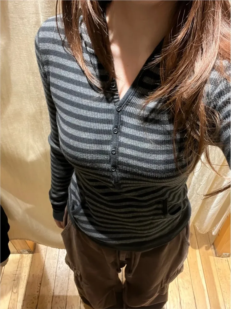 

Waffle Henley Hoodie Women Spring Casual Streetwear Striped Pocket T-shirts Vintage Chic Preppy Style Tees OOTD