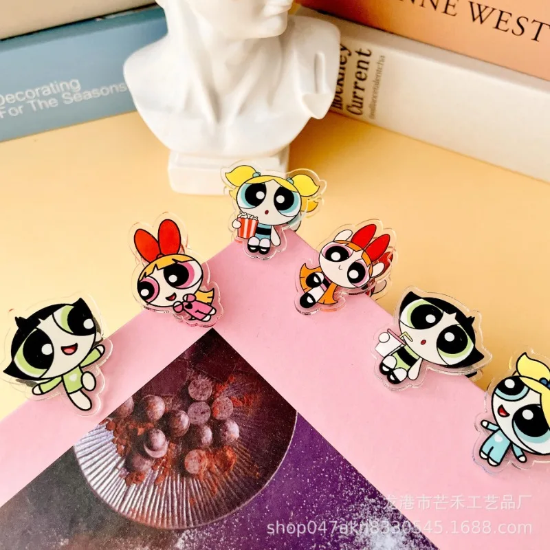 

6PCS Kawaii The Powerpuffs Girls Acrylic Clip Kids Cute Office Binding Supplies Stationery Cartoon Anime Clips Set Birthday Gift