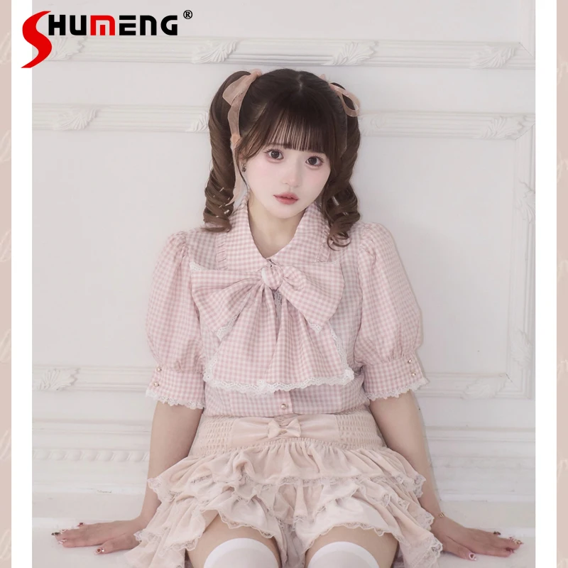 

Japanese Style Sweet Cute Blouse Big Bow Doll Collar Bubble Sleeve Single-breasted Plaid Dot Elegant Versatile Shirts Tops Women