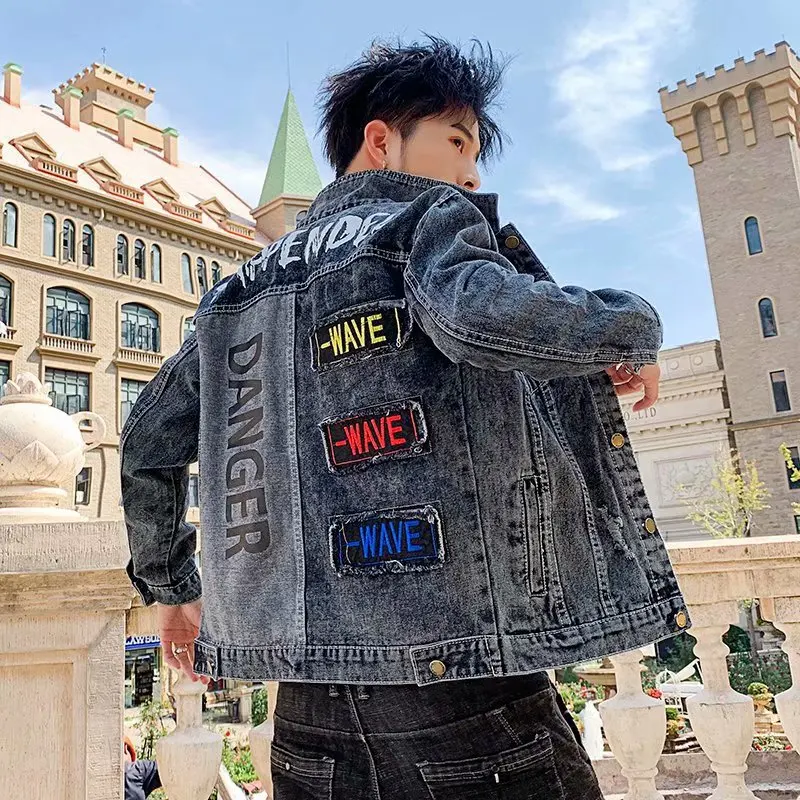 

Hip Hop Denim Coats Men Casual Slim Short Styles Baseball Jacket Man Black Gray Fashion Letter Design Coat Student Handsome Top