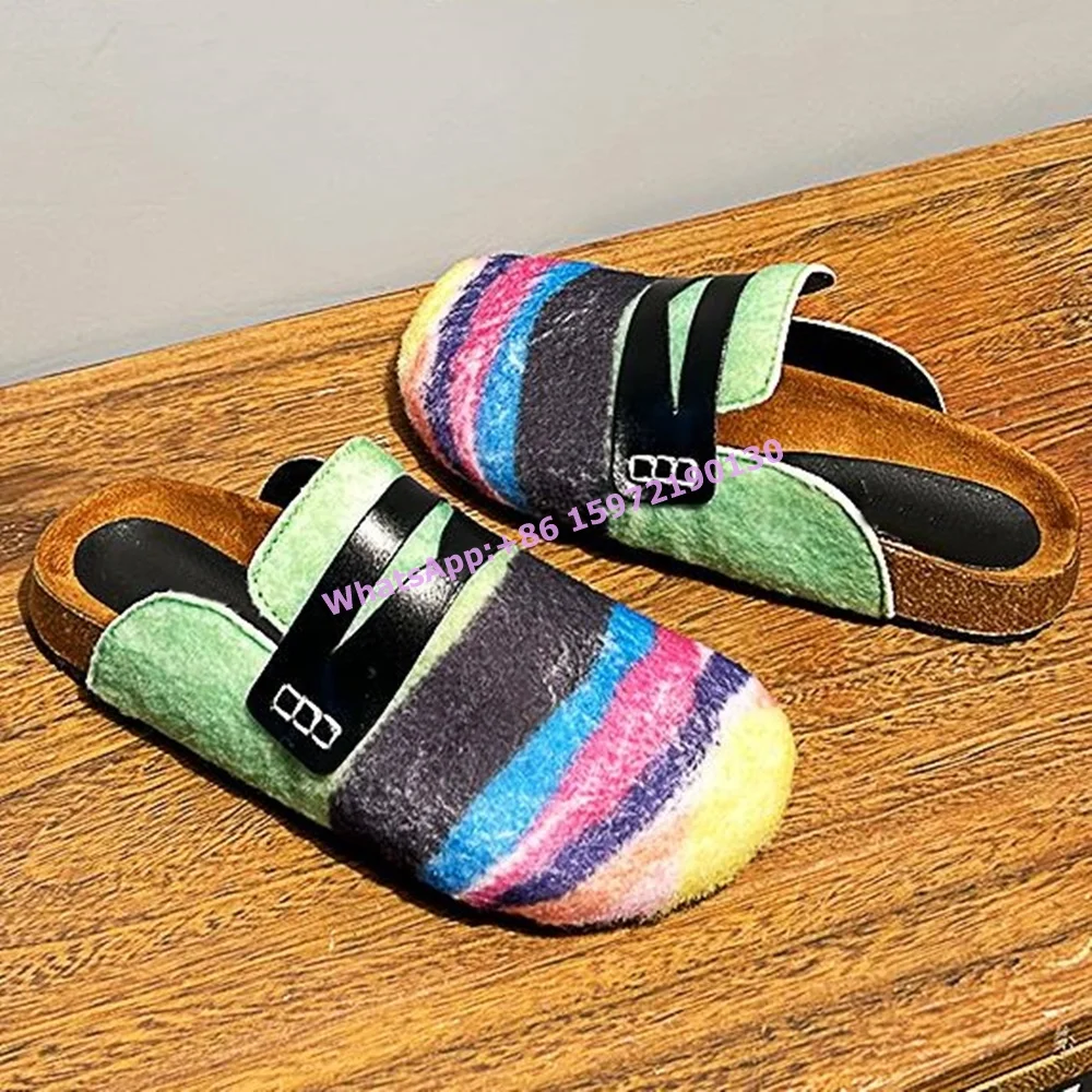 

Rainbow Thick Soled Slippers Round Toe Slip On Mixed Color Fashion Flat with Patchwork Shoes Furry Summer Women's Shoes 2025