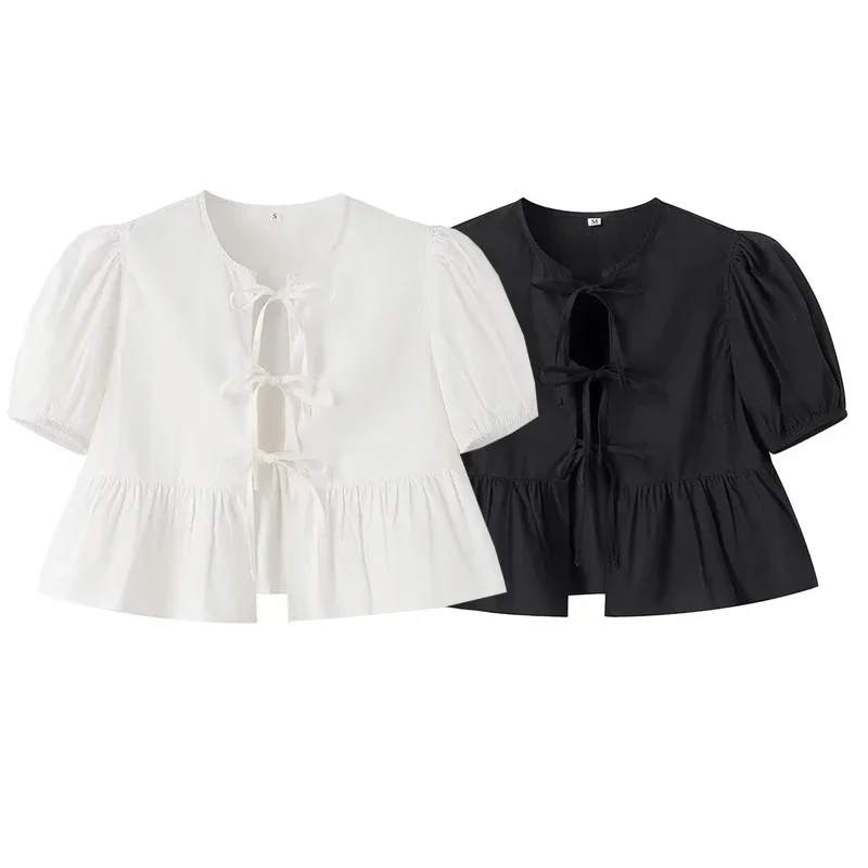 

TRAF White Crop Top Women Black Ruffle Short Puff Sleeve Blouse Female Bow Tied Summer Blouses Woman 2024 Ruched Cute Tops ﻿