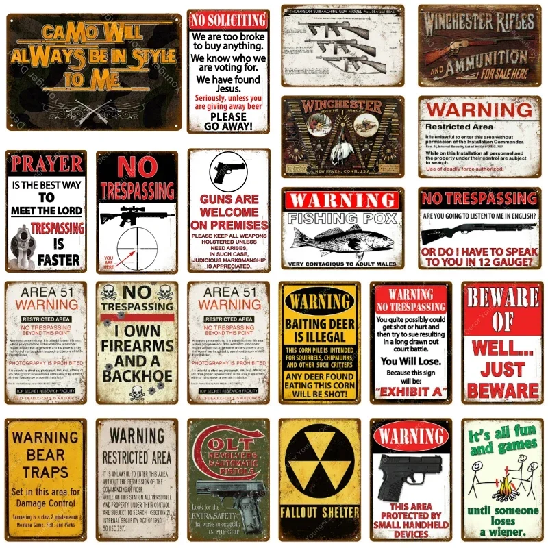 Area 51 Warning Fishing Pox Metal Signs No Soliciting Winchester No Trespassing Vintage Wall Painting Poster Home Decor YJ236