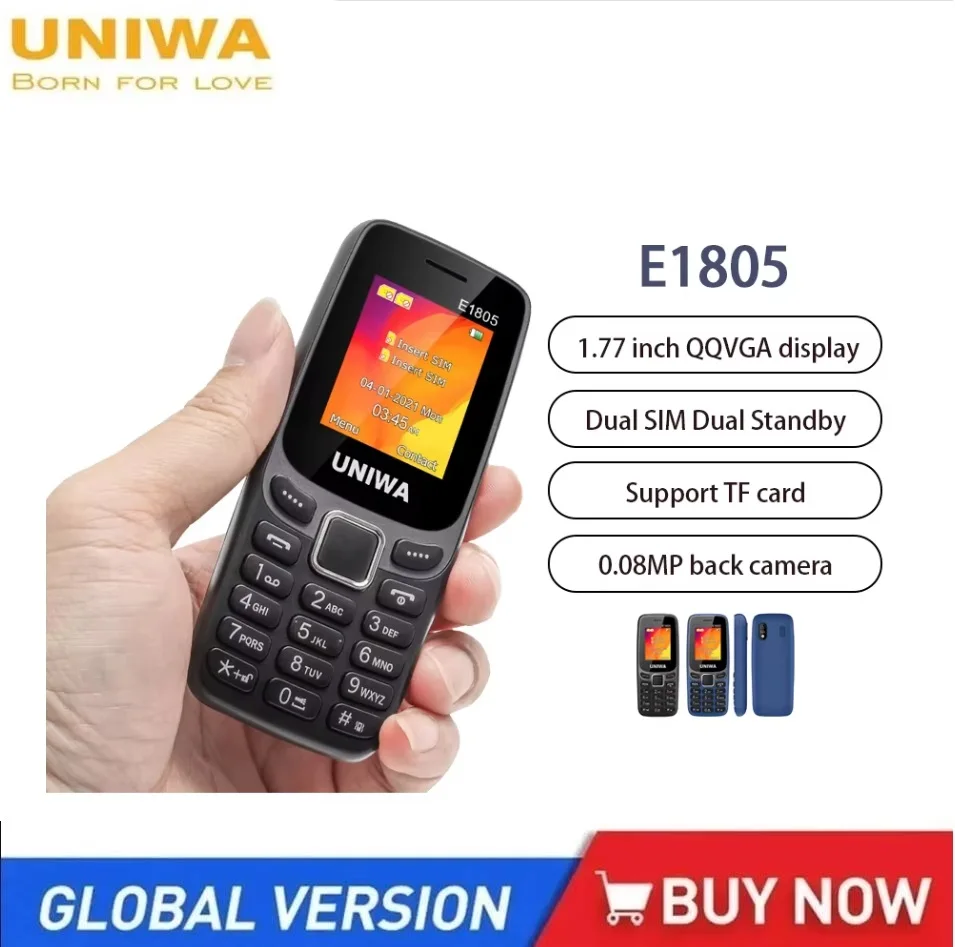 UNIWA E1805 GSM Cellulare Dual SIM Dual standby 2G Caratteristica Telefono 1.77 ''Radio FM Altoparlante Senior Anziano Telefono celular