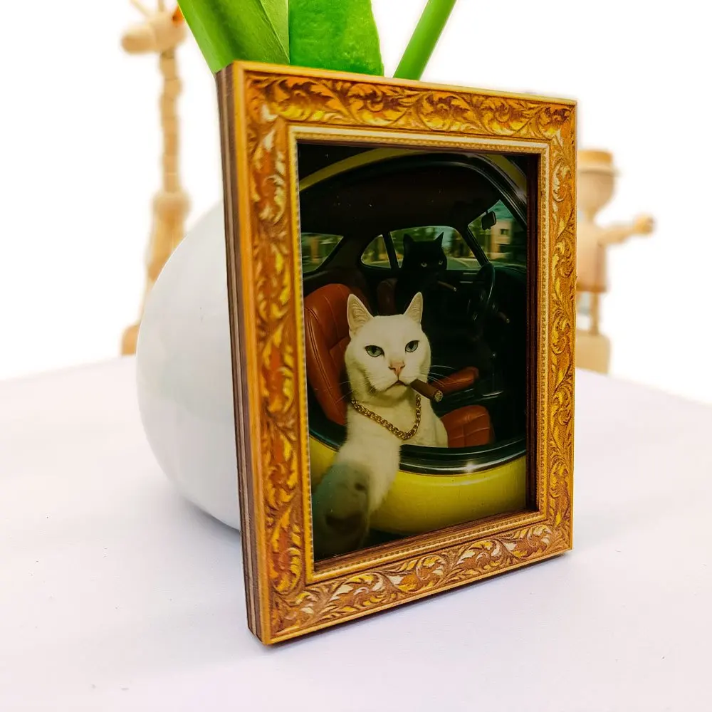 Funny Gangster Cats Driving Car Wooden Fridge Magnet, Retro Framed Art Sticker for Refrigerator, Unique Kitchen Decor & Cat Fans