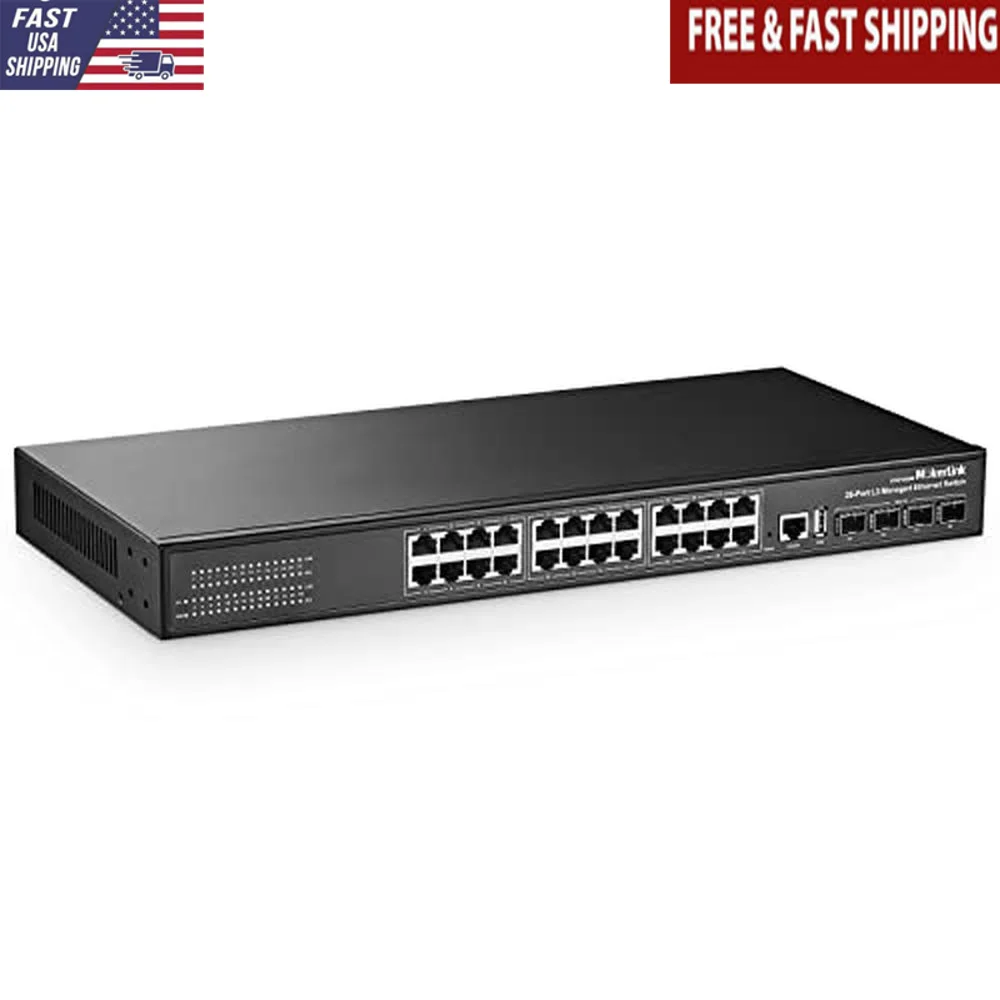 28 Port Gigabit Managed Switch with 24 Port GE 4 x 10G SFP Uplink L3 Smart Managed Rackmount Fanless DHCP High Performance L3