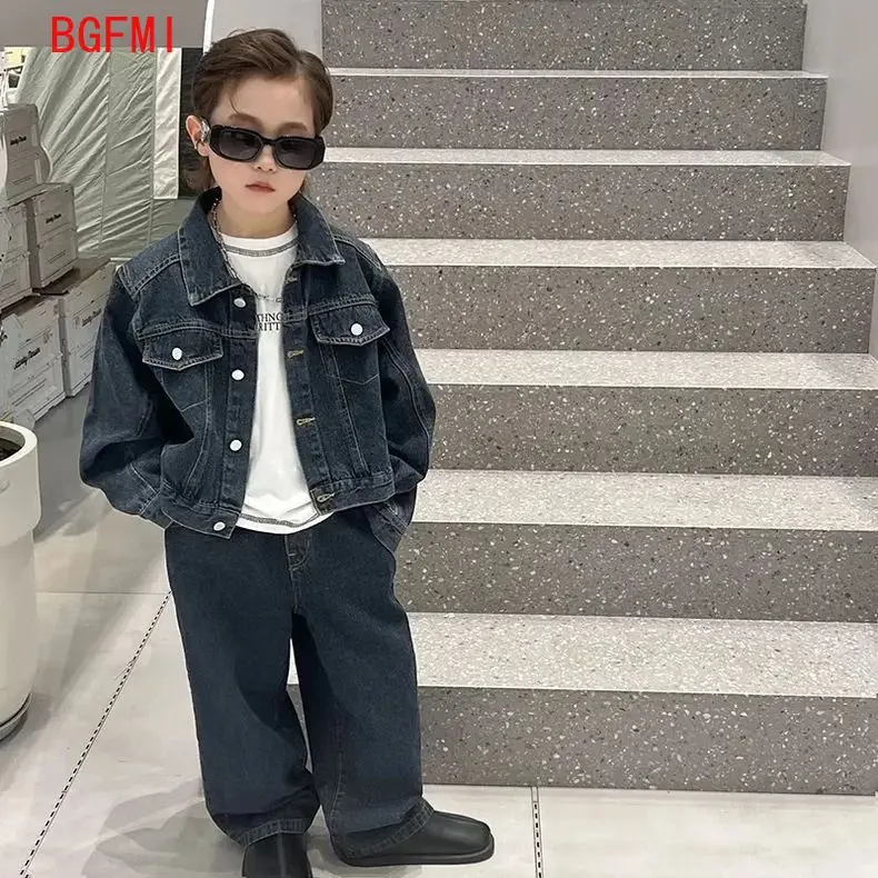 

Boy girl Top and Pants Denim Set Autumn New Children's Handsome Fashion Jacket Wide Leg Pants Two Piece Set 90-140cm