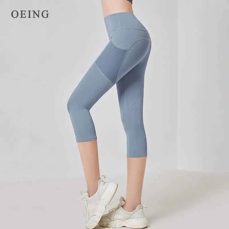 Women Sport Leggings High Waist Cropped Yoga Pants Elastic Mesh Pocket Running Capris Gym Crop Leggings Slim Fitness Tights