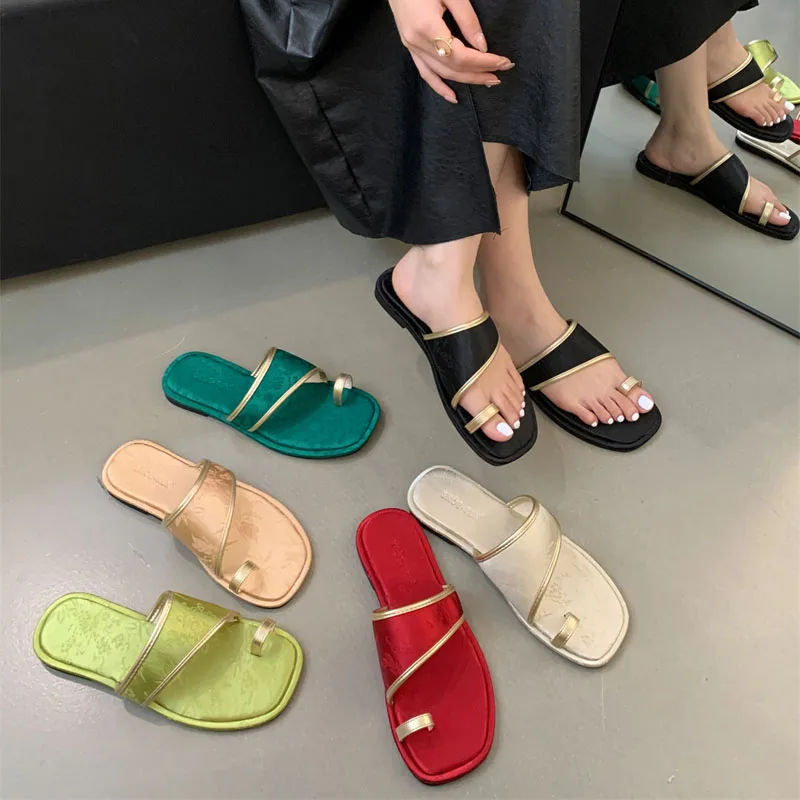 

Red Flat Sandals Green Flip Flops Women Chinese Style Outdoor Flats Slippers Summer Beach Slippers 2024 Sandalias Casuales