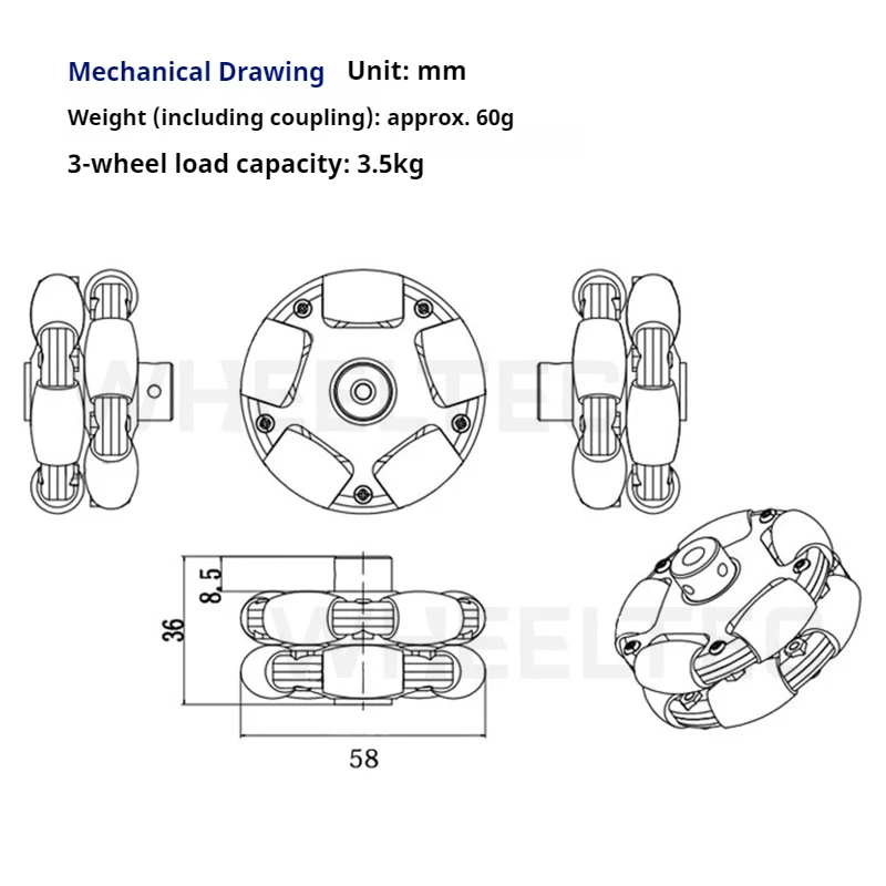 Kopling Motor Omni P58 58mm Roda Omni Plastik Roda Fulai Kopling Terpisah Pemrosesan Baja