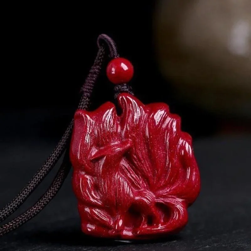 

Fashion Cinnabar Nine Tailed Fox Pendant Necklace Jewellery Chinese Hand-Carved Healing Women Man Luck Gift Sweater Chain