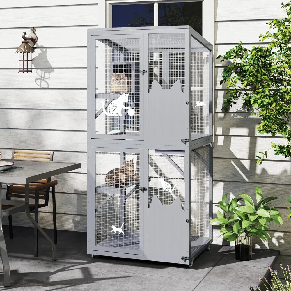 

Catio Outdoor Cat Enclosure Window Access, Outdoor Cat House with Wheels, Cage for Cats Indoor(Grey, Medium)