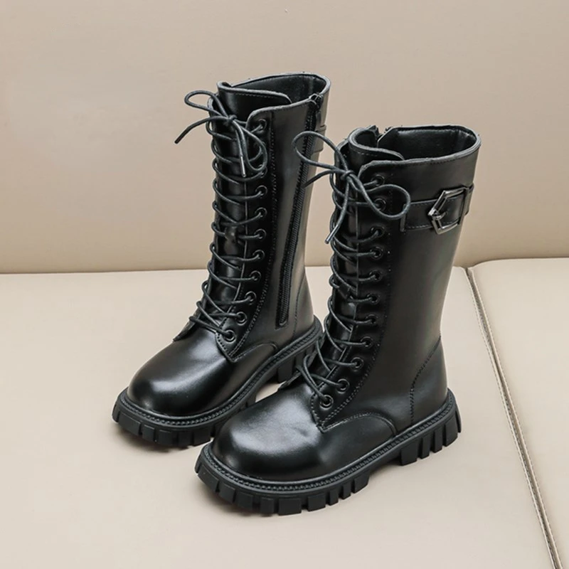 Children High Boots for Girls Versatile Solid Color Black Britain Style Elegant Princess Catwalk Boots Classic Buckle Casual PU