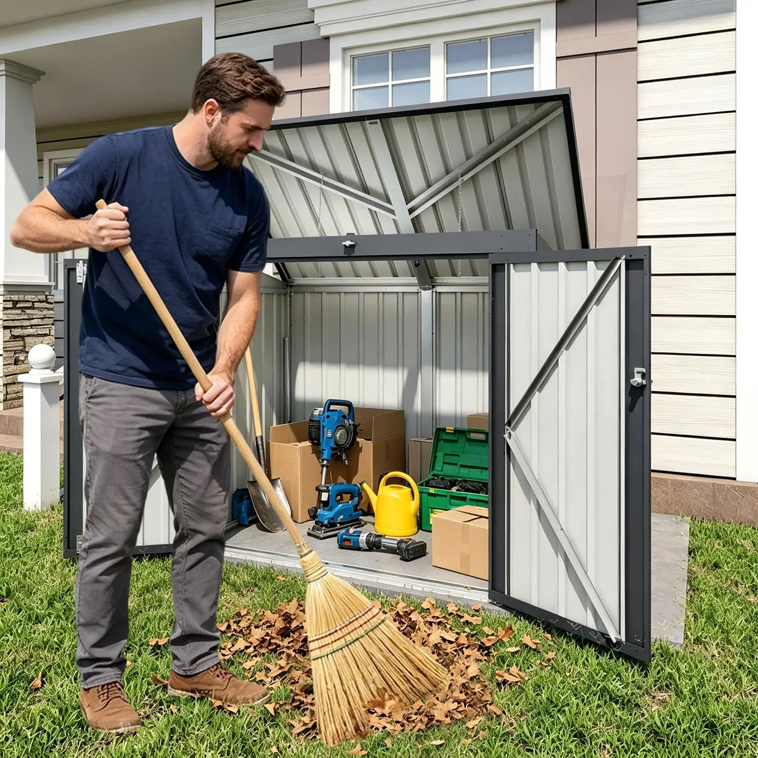 Outdoor Metal Trash Bin Storage Shed 5x3 FT, Lockable Weatherproof Rustproof 78 Cu.Ft Capacity, Customized