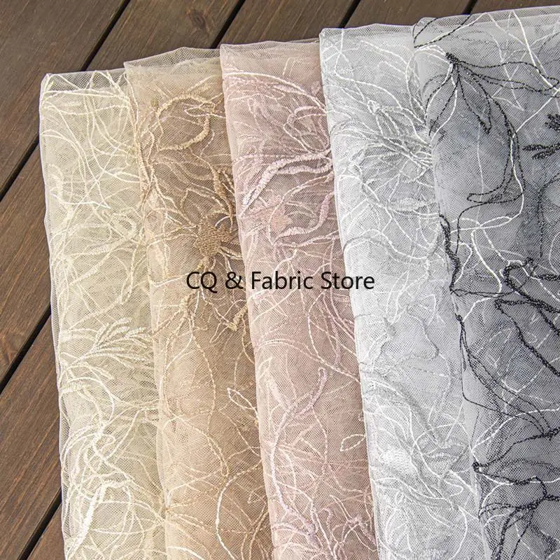 

New Embroidered Mesh Fabric With Silver Wire Lotus For DIY Dress Wedding Decoration Designer Fabric By The Yard
