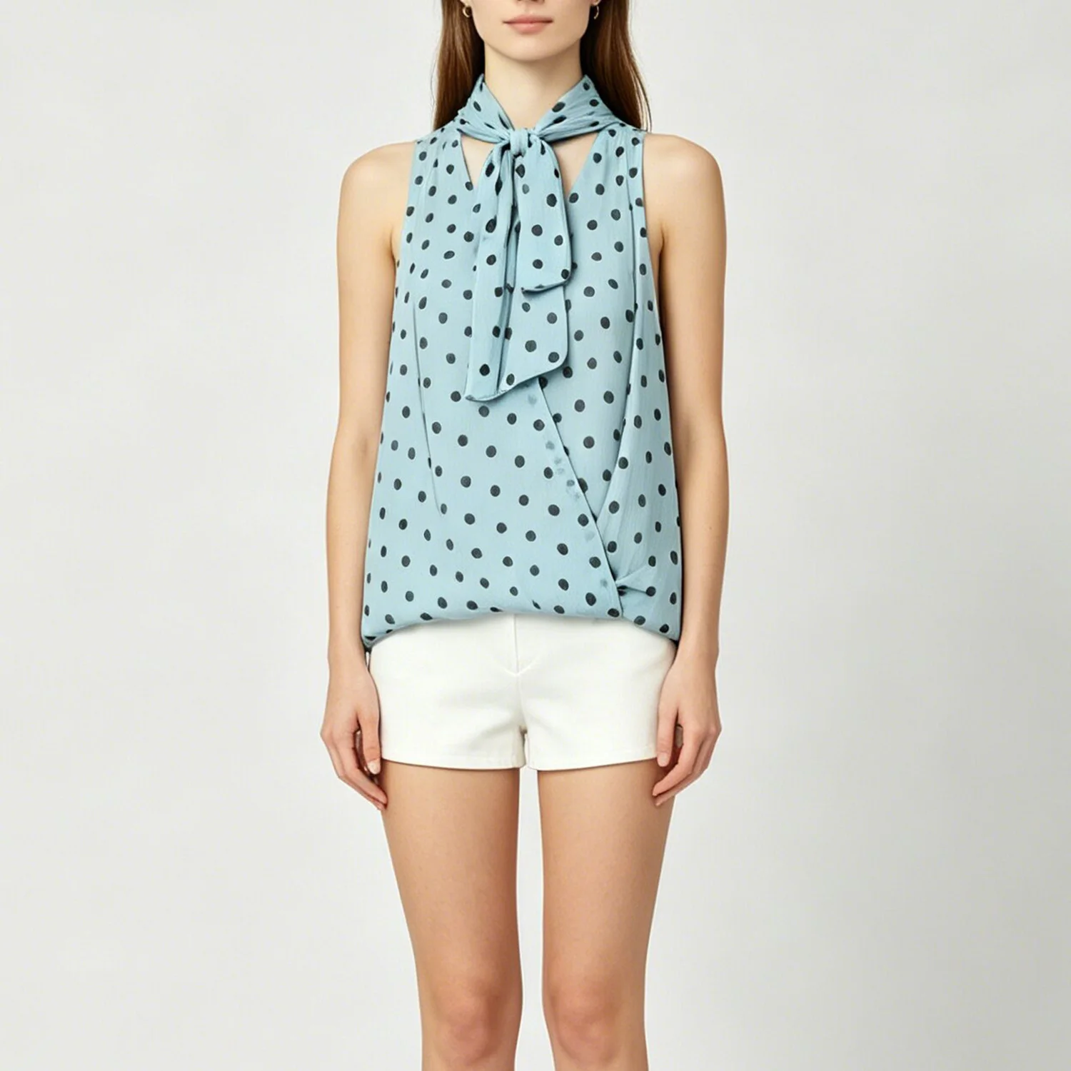 

LIMO Women Blue Polka Dot Sleeveless Tie Neck Loose Comfortable Blouse Casual Top