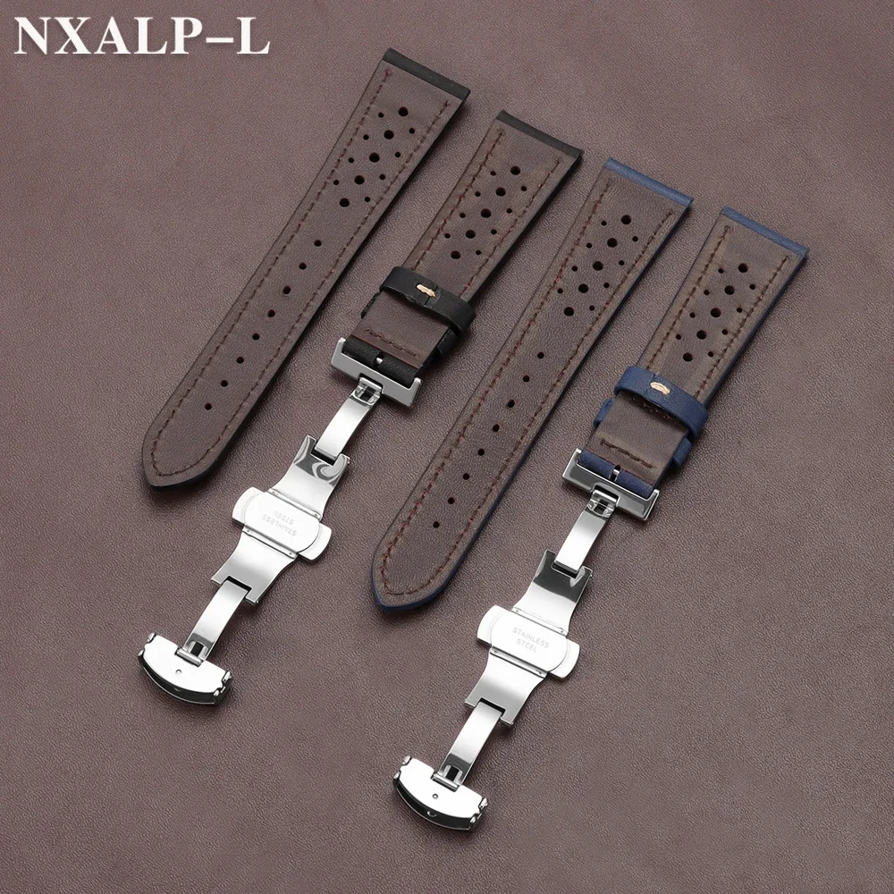 Calfskin Watch Band Oil Wax Leather Strap 18mm 20mm 22mm 24mm for Seiko for Omega Bracelet Butterfly Clasp Porous Wristband