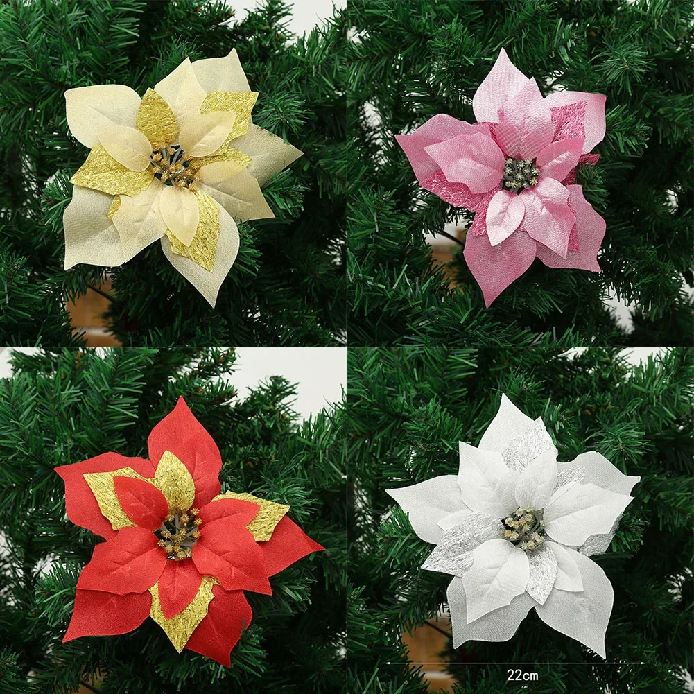 Flores colgantes de Poinsettia de Navidad con purpurina, adornos de árbol de Navidad, accesorios de decoración, 1 piezas, 22cm