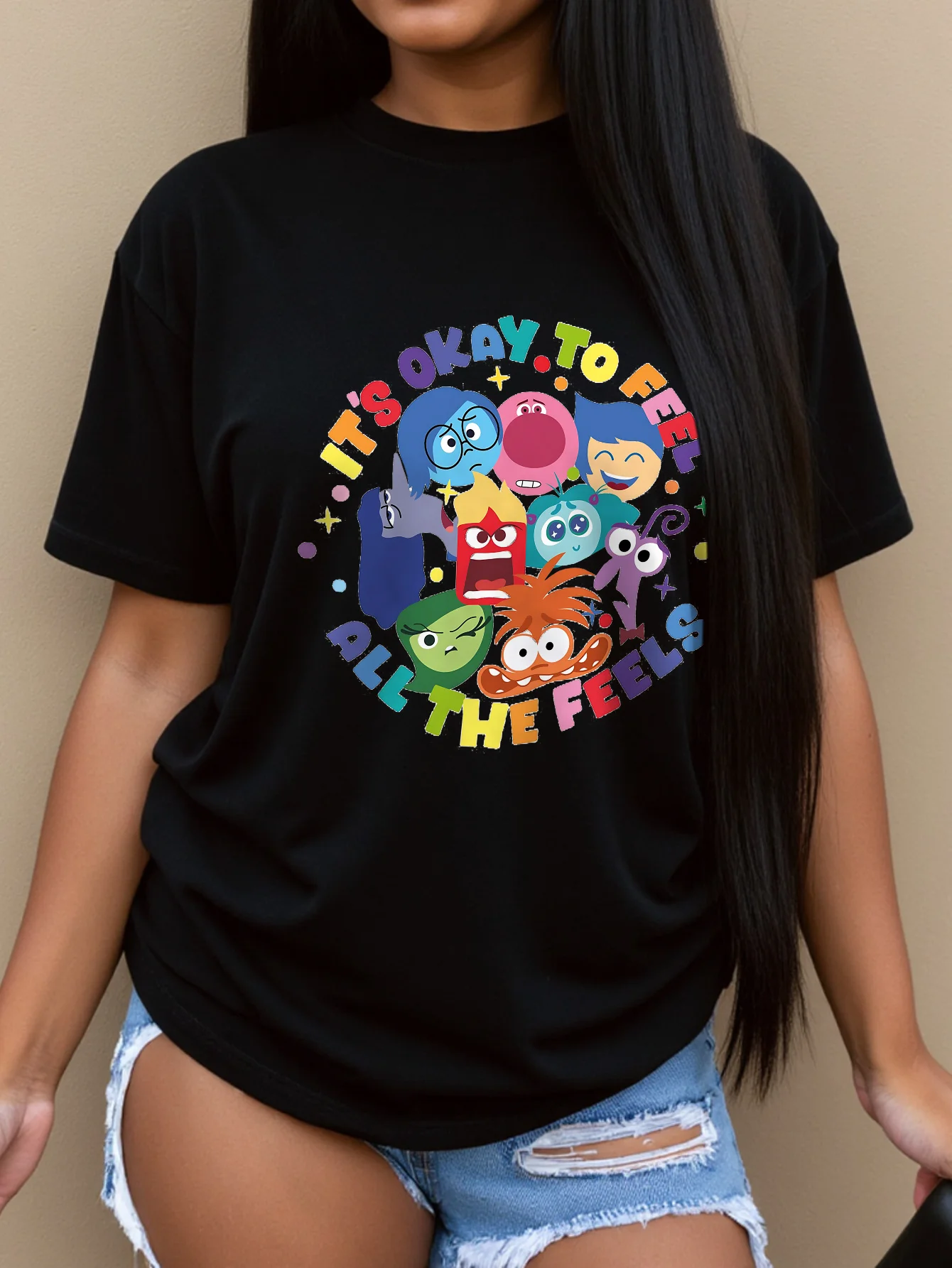 

Women'S Plus Size T-Shirt with "It'S Okay to Feel All the Feels" Cartoon Print - Casual Crew Neck, Short Sleeve Top
