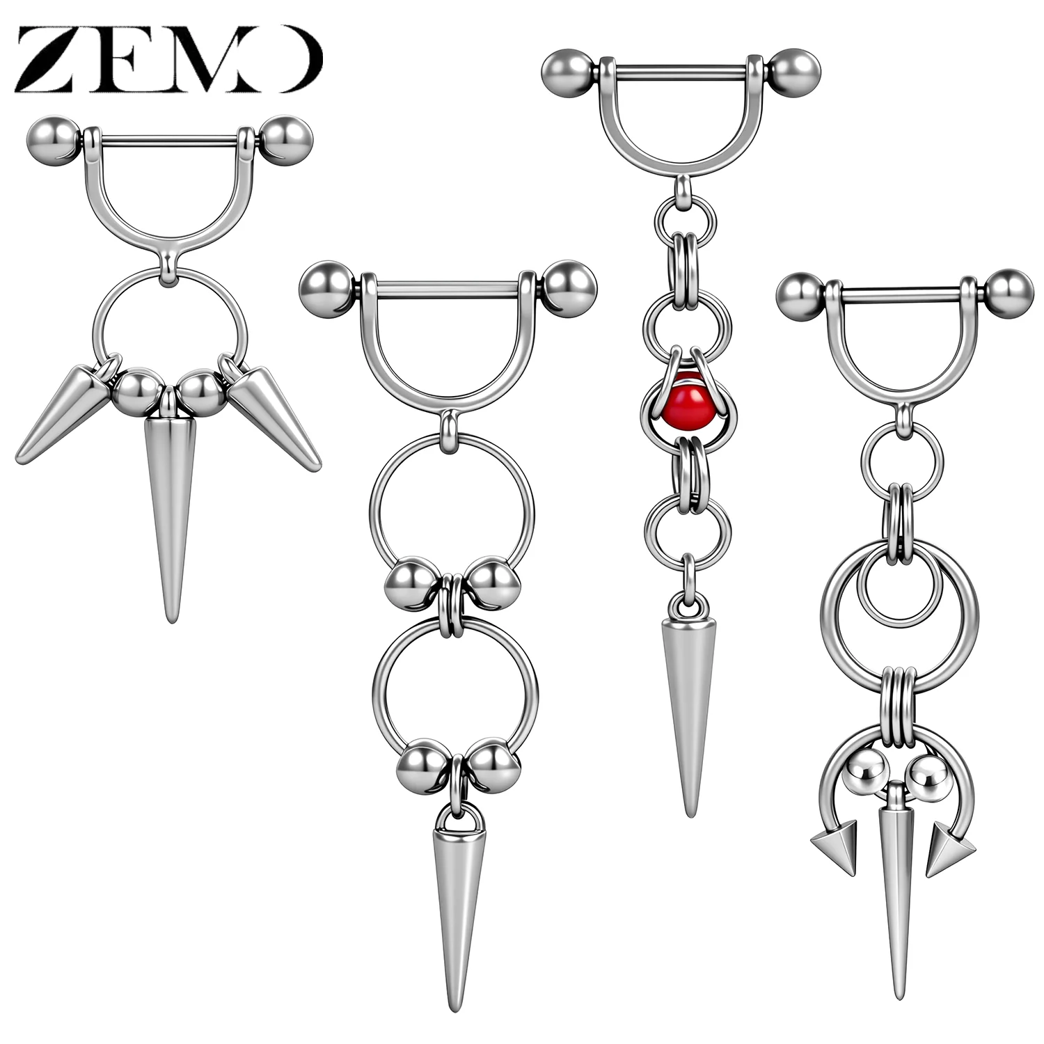 ZEMO 1 Stück 14G/16G Edelstahl Nippelring Punk Rock Nieten-Ketten-Hänge-Nippelpiercing Hip-Hop Schmuck Accessoires 12MM