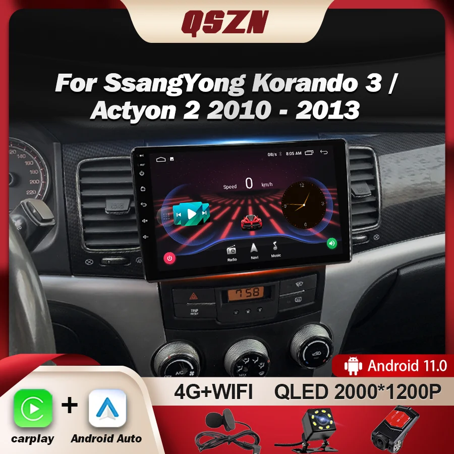 

QSZN для SsangYong Korando 3 Actyon 2 2010 - 2013 автомобильное радио, мультимедийный видеоплеер, навигация GPS 4G Carplay Android 12 2K QLED