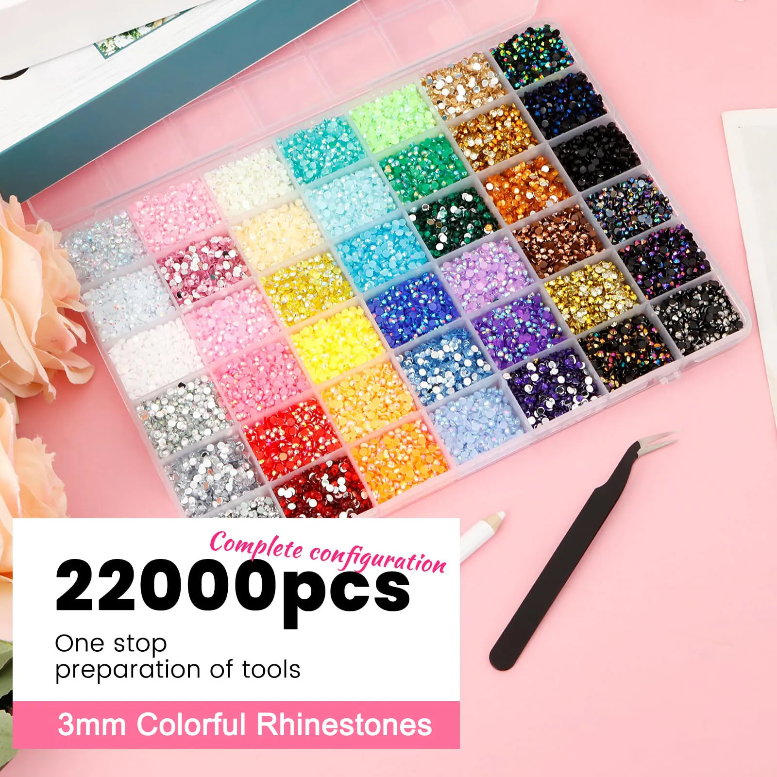 22000PCS 3mm Resin Rhinestones for Nail Art, 42 AB Colors Flatback Non-Hotfix Craft Gems with Pick Pen Tweezers Spoon & Trays