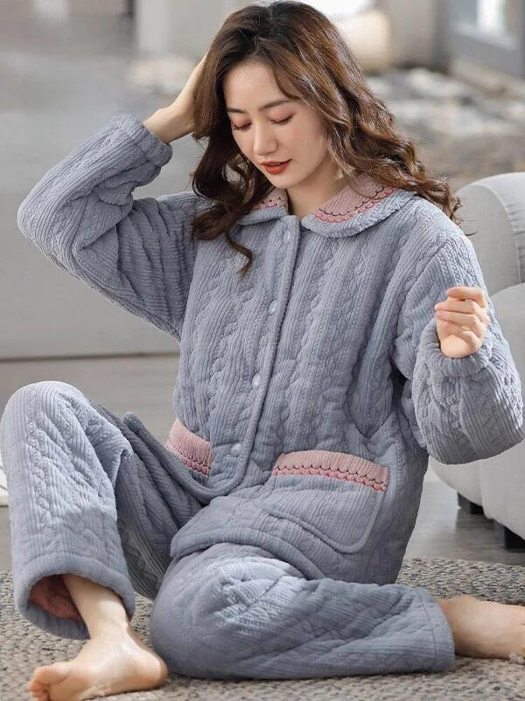 Thickened Coral Fleece Sleepwear Women's Winter Home Clothes Fashionable Cotton Coat Three-Layer Cotton Padded Warmth Home Suit