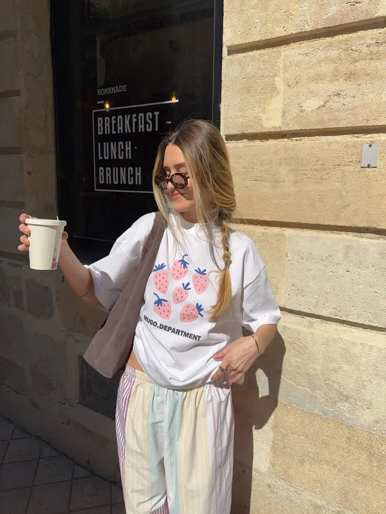 JHYF American Retro Oversize Hand-drawn Strawberry Fruit Print Short Sleeve T-shirt Women's Street Style Cotton round Neck Top