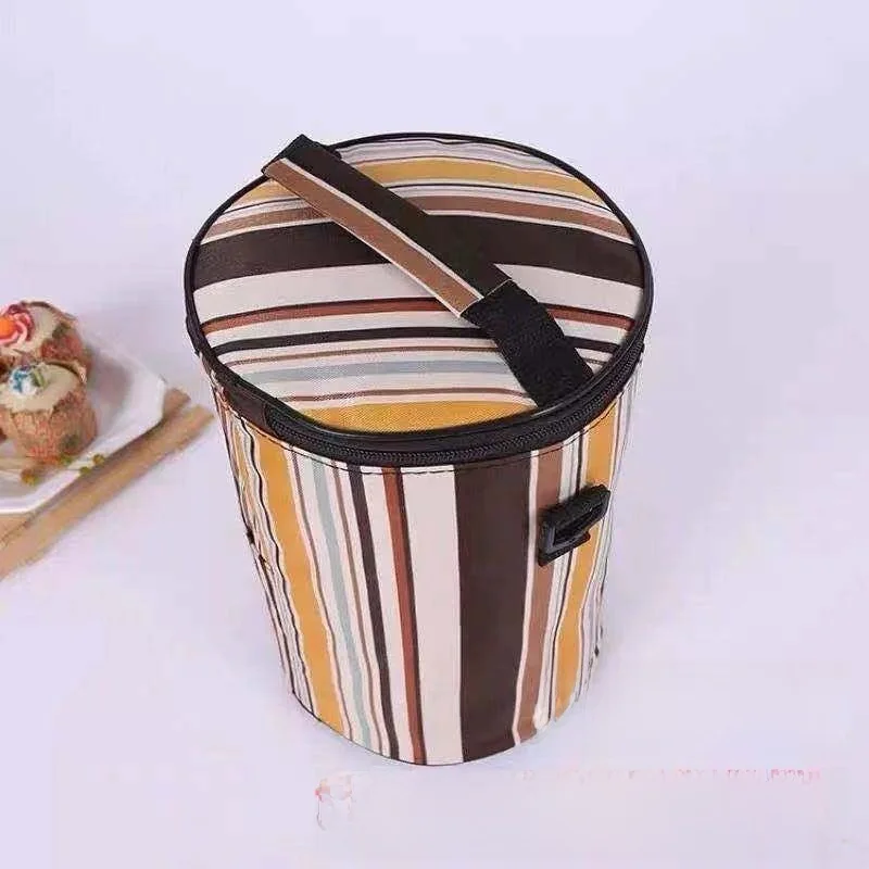 Large Capacity Lunch Box Insulated Bag Oxford Cloth Handheld Stripe Cylinder Yellow Heat Preservation Bag for Summer Use