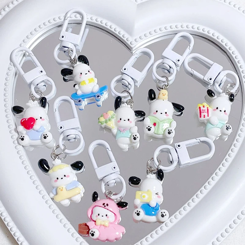 Cartoon Pochacco Key Chain Raincoat Puppy Skateboard Dog Pendant Couple Key Ring Backpack Charms Car Bag Decor Christmas Gift