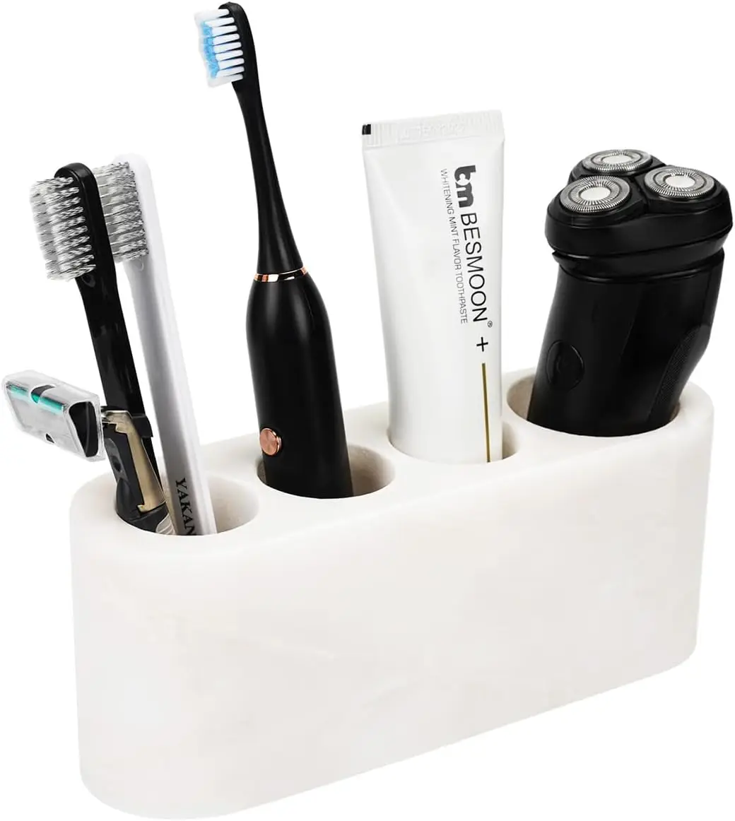 

4-Slot Marble Toothbrush Holder for Bathroom Countertop Organizer, Fits Electric Toothbrush and Accessories