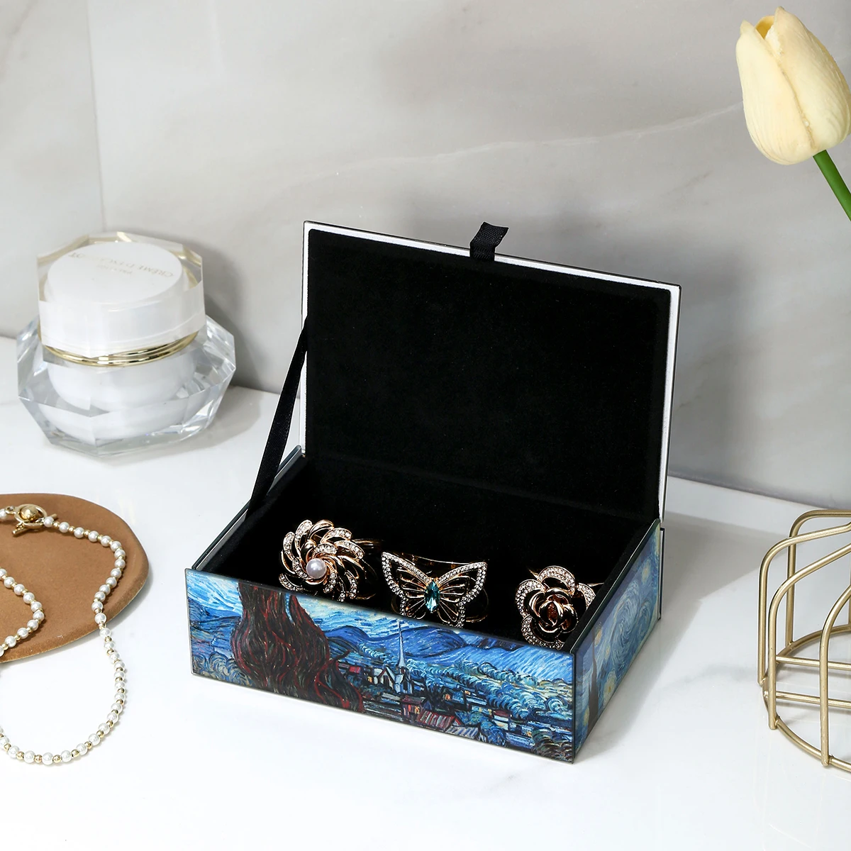 Star and Moon Night Painted Jewelry Box, Flip Cover Bright Storage Box