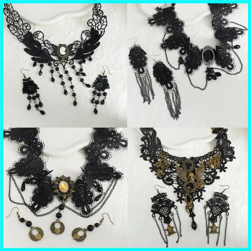 Fashion New Vintage Black Lace Bead Necklace Earrings Women Gothic punk Chocker Gothic Collar Necklace Pendant